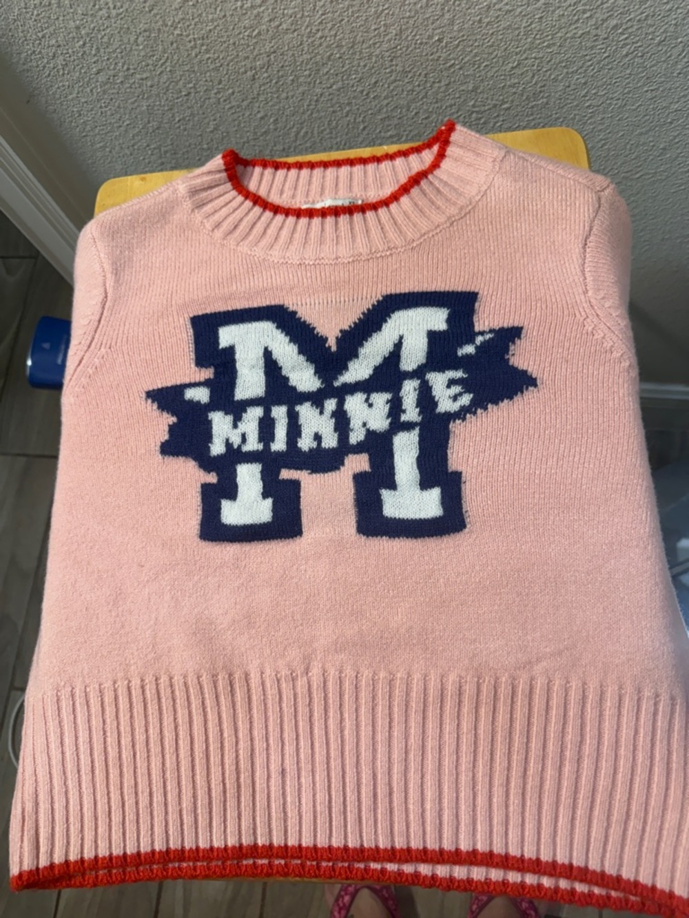 Disney Pink Minnie Logo Crewneck Sweater with Navy & White Accent